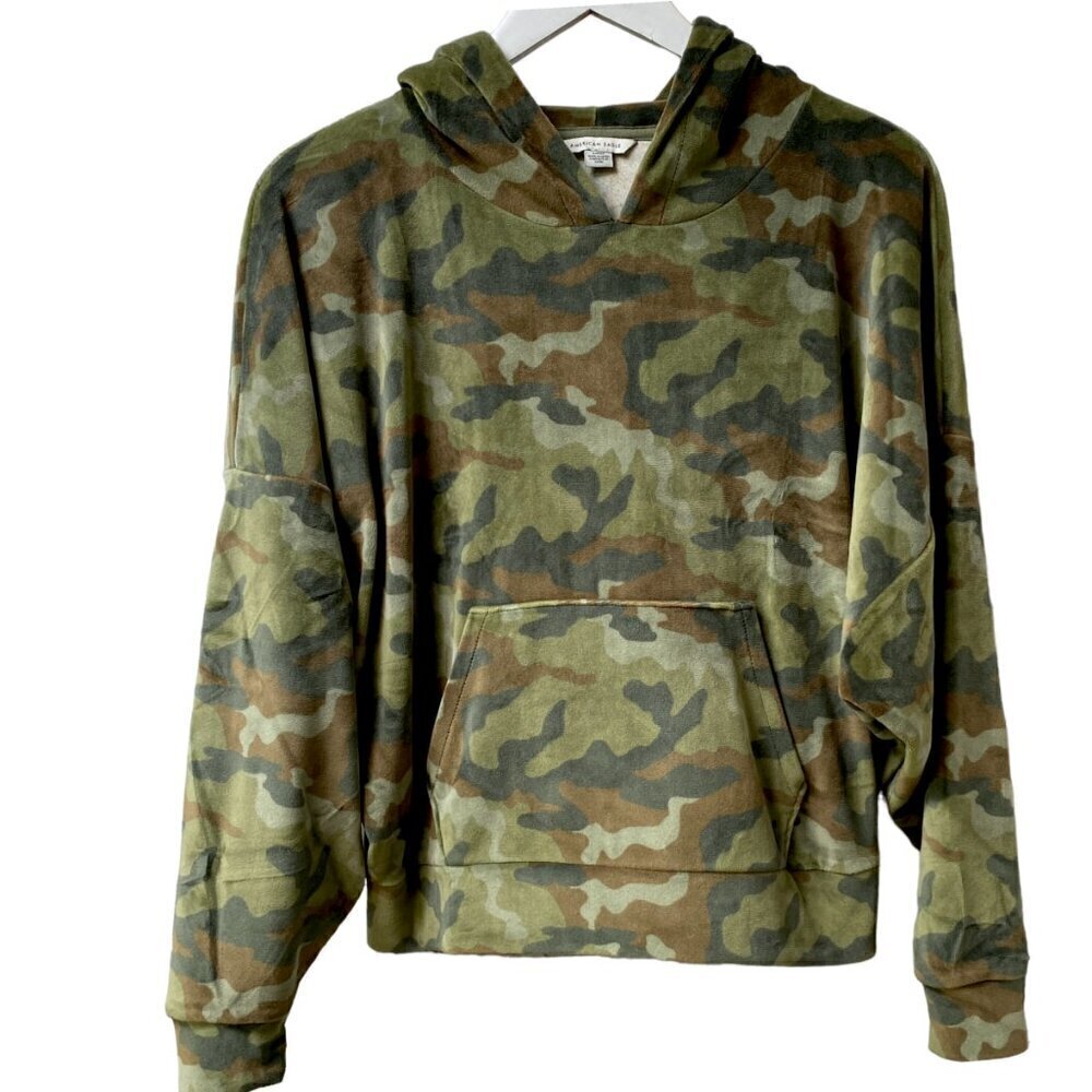 American Eagle Camo Hoodie Size Small Oversized Velour Sweatshirt Green Crop